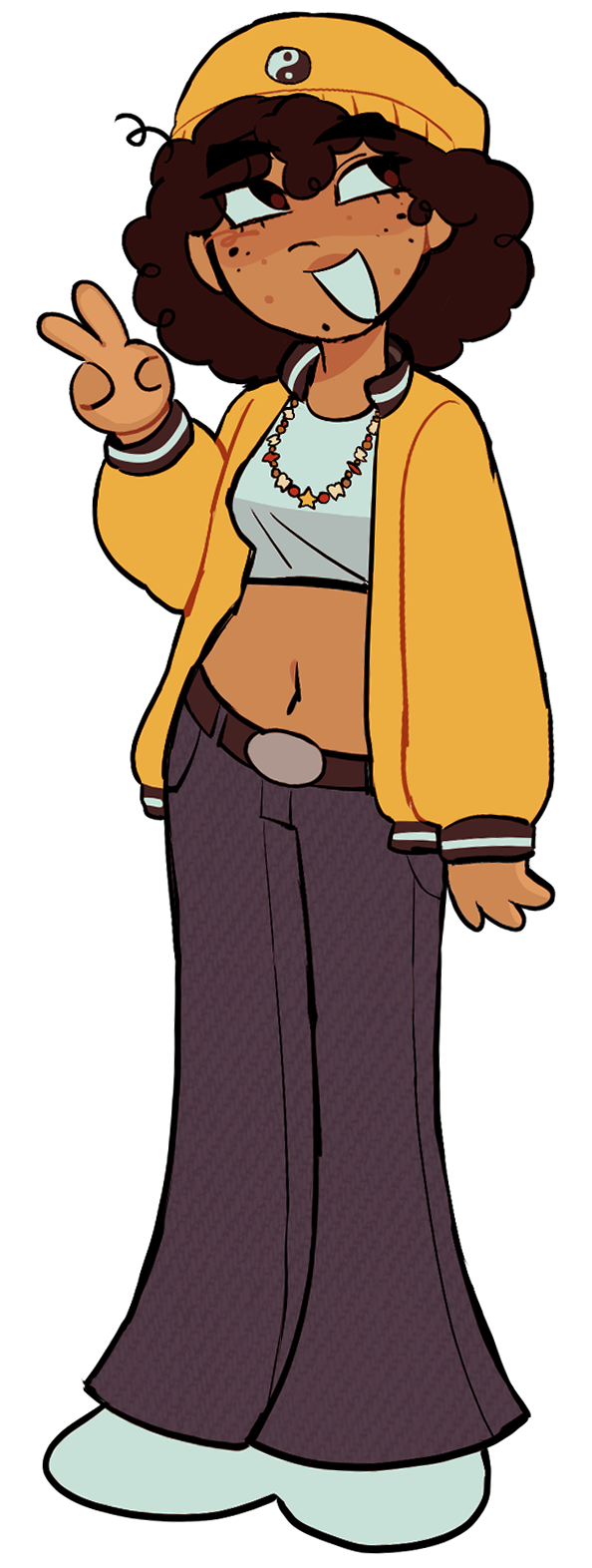 A cartoony digital illustration of a character with tan skin, freckles, and brown curly hair. He is wearing a yellow jacket and a matching yellow beanie, as well as bell bottom jeans, a white crop top, a brown belt with a round belt buckle and white shoes. He is standing with a slightly slouched posture and is raising his hand in a peace sign. He is smiling wide and looking off to the right.